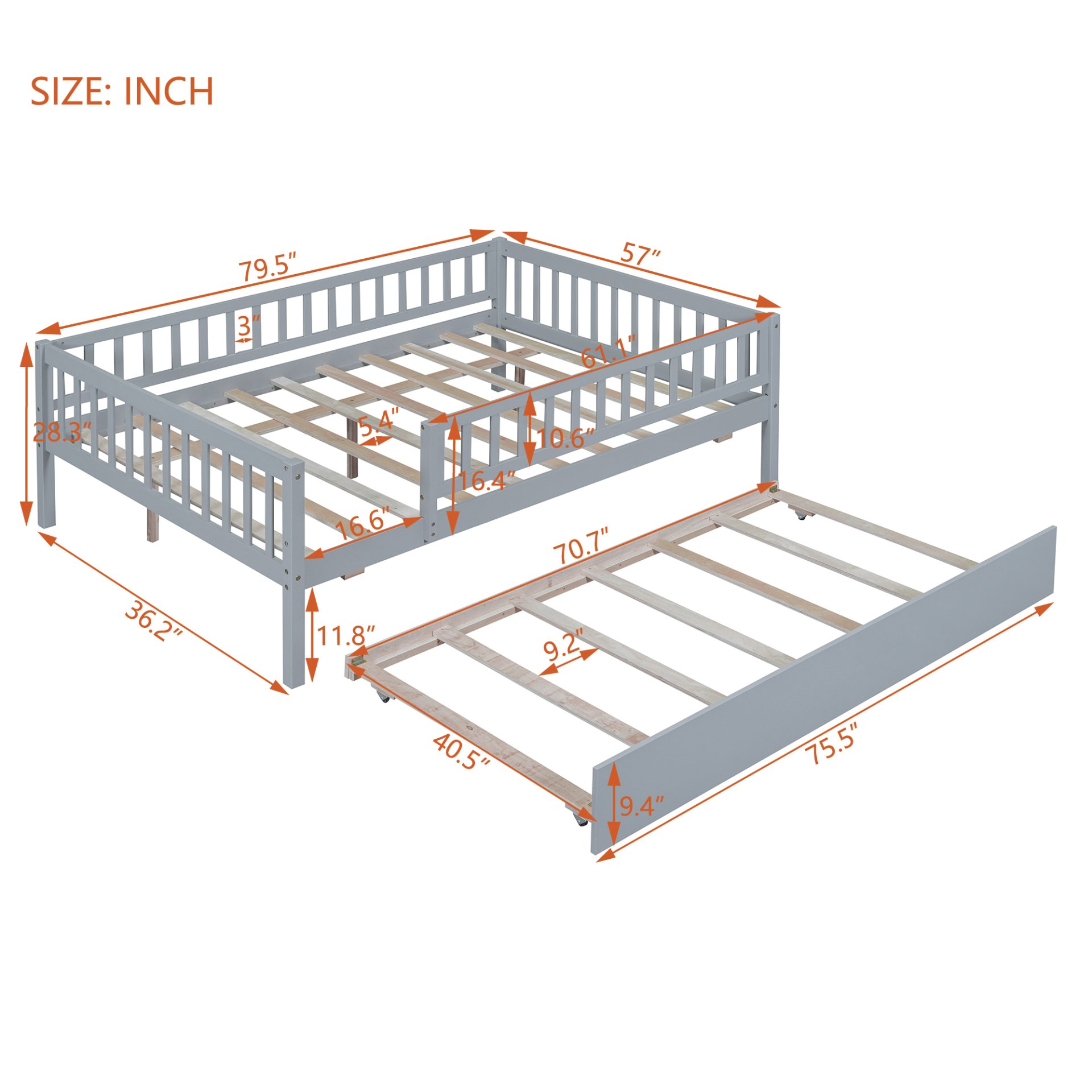 Full Size Daybed With Trundle And Fence Guardrails - Gray - Image 3