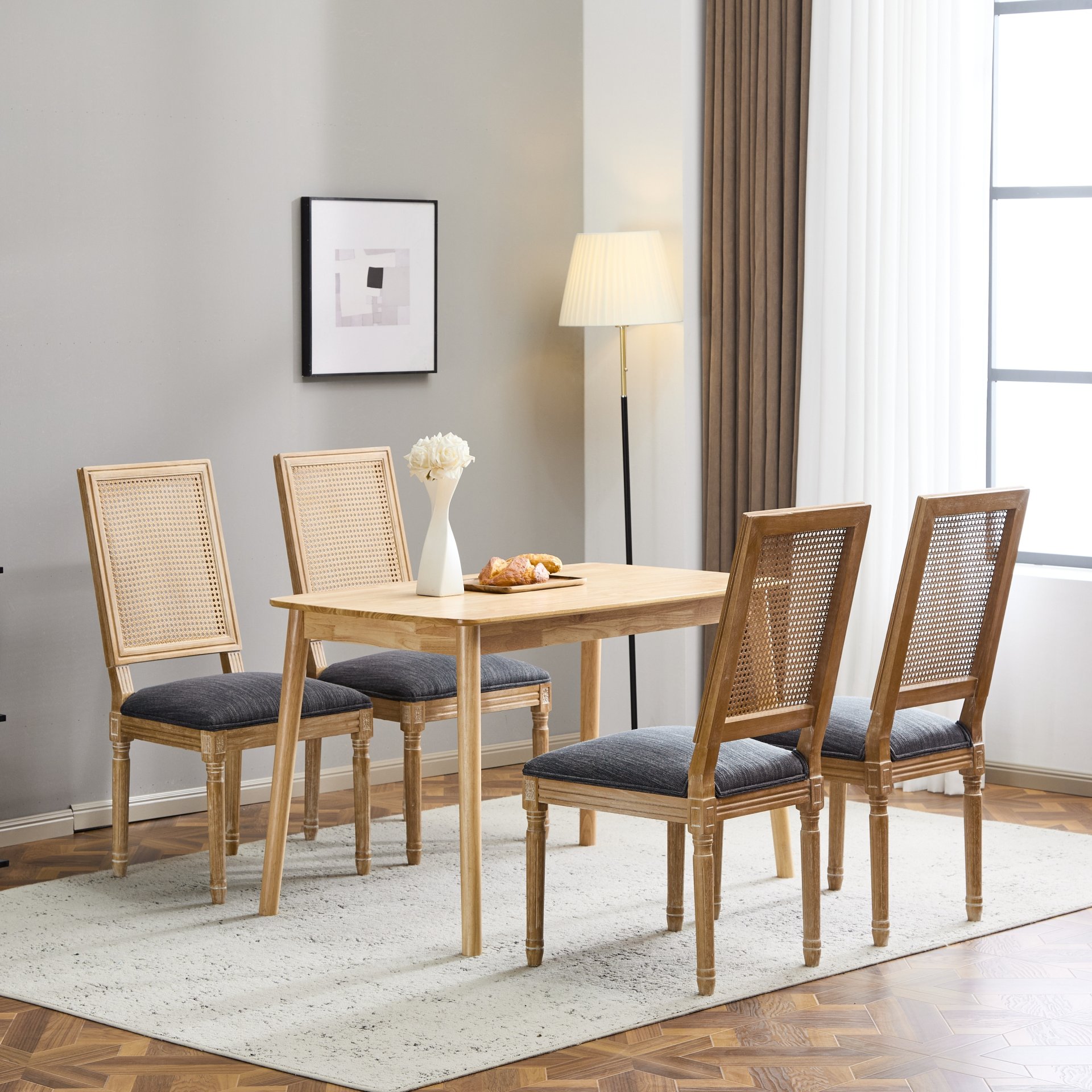 Vintage Inspired French Country Dining Chairs (Set of 4) Elegant Cane Backrest & Upholstered Seats Rustic Weathered Solid Rubberwood Frame - Blue Gray - Image 5