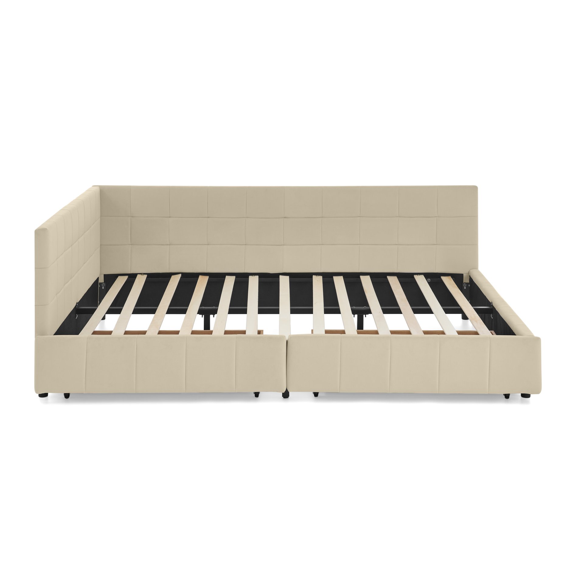 Mid Century Velvet Upholstered Tufted Queen Size Storage Bed Frame With Backrest And Armrests - Beige - Image 11