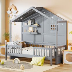Twin Size House Bed With Shelves, Window And Sparkling Light Strip On The Roof - Gray
