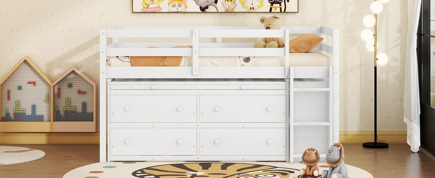 Twin Size Loft Bed With Retractable Writing Desk And 4 Drawers, With Lateral Portable Desk And Shelves - White - Image 23