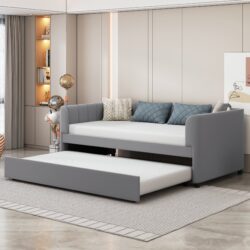 Twin Size Upholstered Daybed With Ergonomic Design Backrest And Trundle - Gray