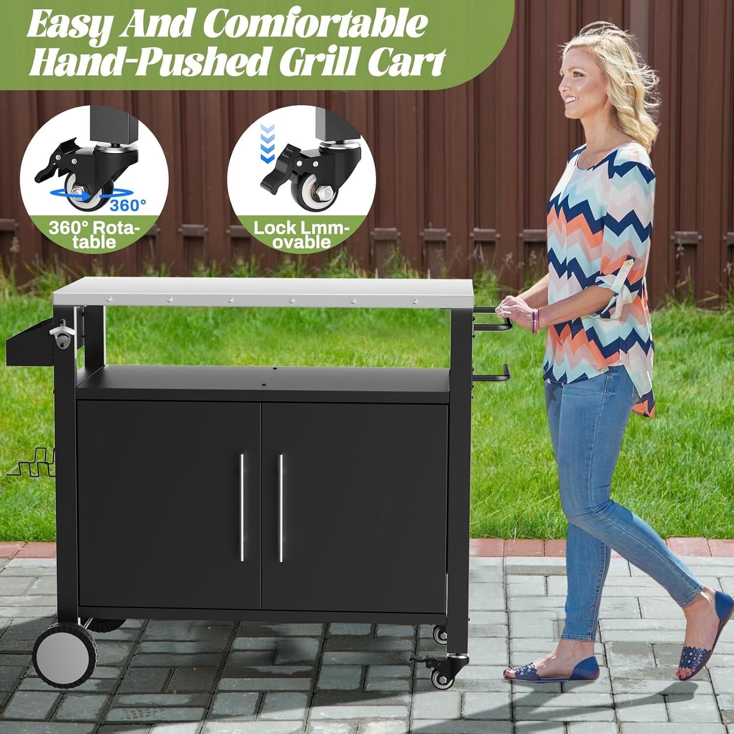 Outdoor Grill Cart With 2 Doors And Patio Furniture Stainless Steel Tabletop - Black / Silver - Image 7