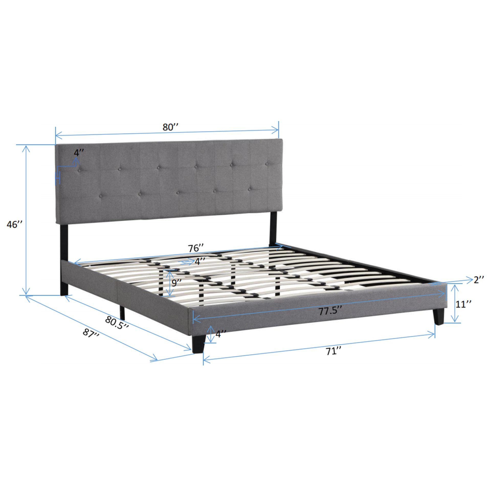 King Size Contemporary Upholstered Platform Bed Frame With Button Tufted Linen Fabric Headboard, Wood Slat Support - Gray - Image 3