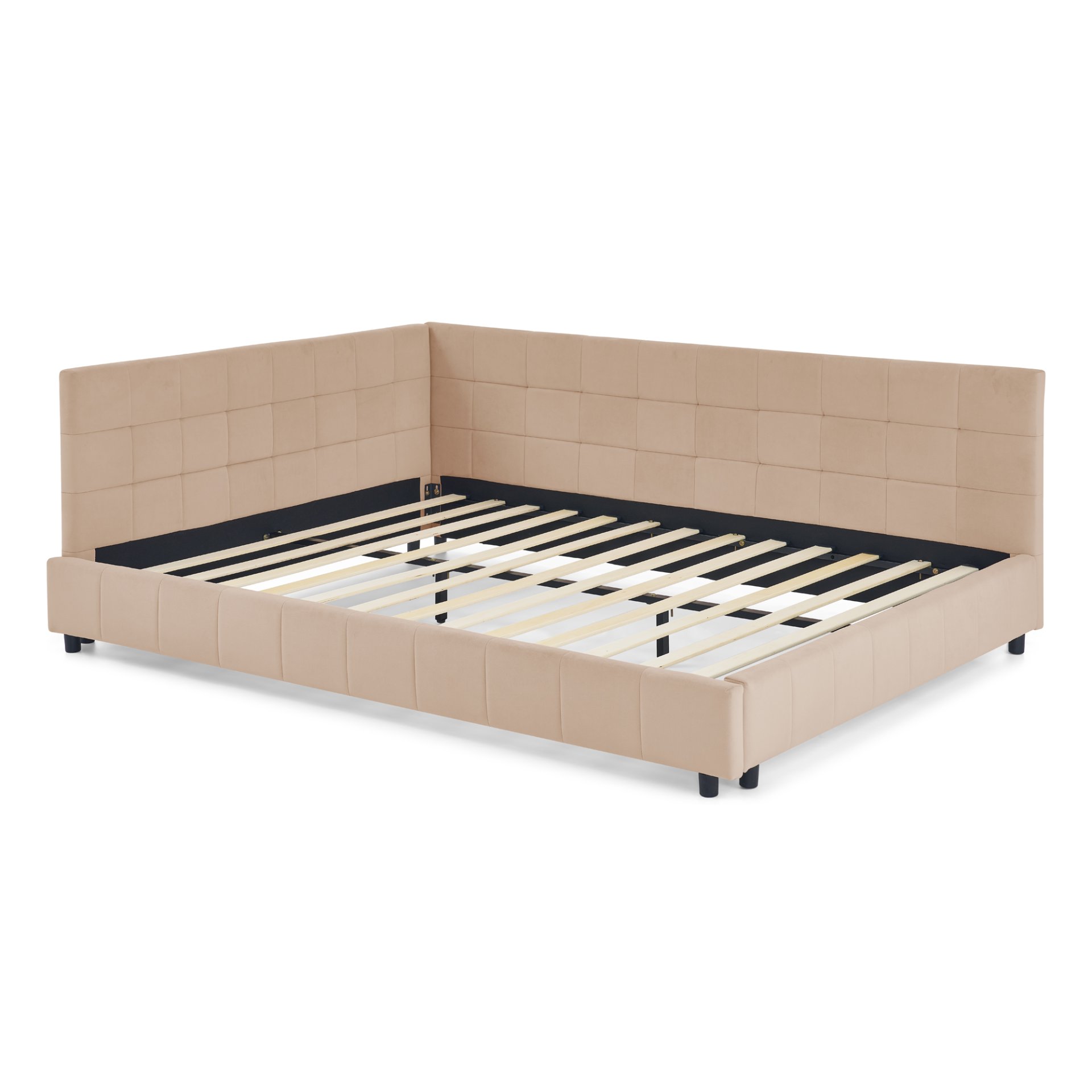 Mid Century Velvet Upholstered Tufted Queen Bed Frame With Backrest And Armrests - Pink - Image 7