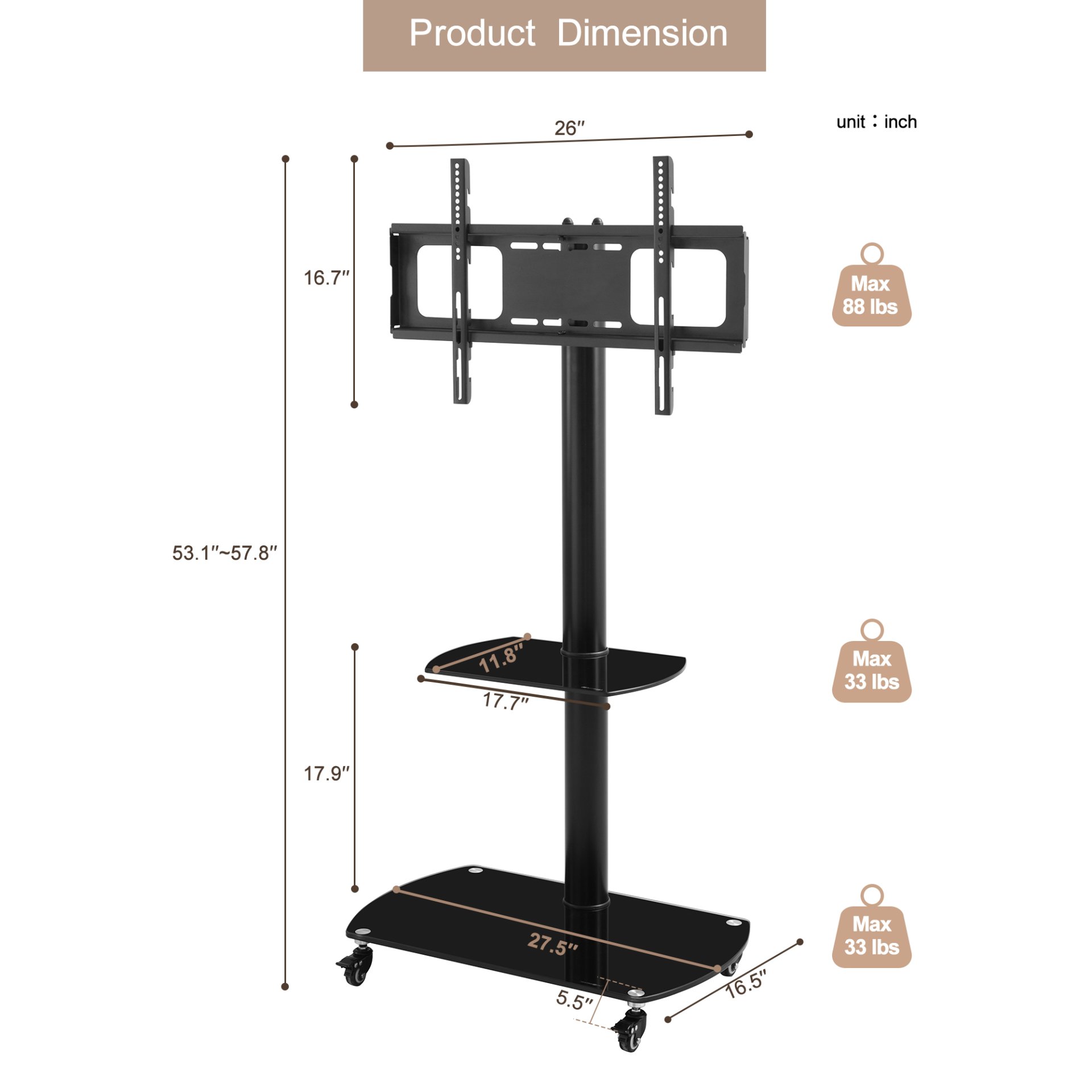 Height And Angle Adjustable Multi-Function Tempered Glass Metal Frame Floor With Lockable Wheels Mobile TV Stand, Lcd / Plasma TV Bracket 2 Tier Tempered Glass Shelves For Multiple Media Devices - Black - Image 3