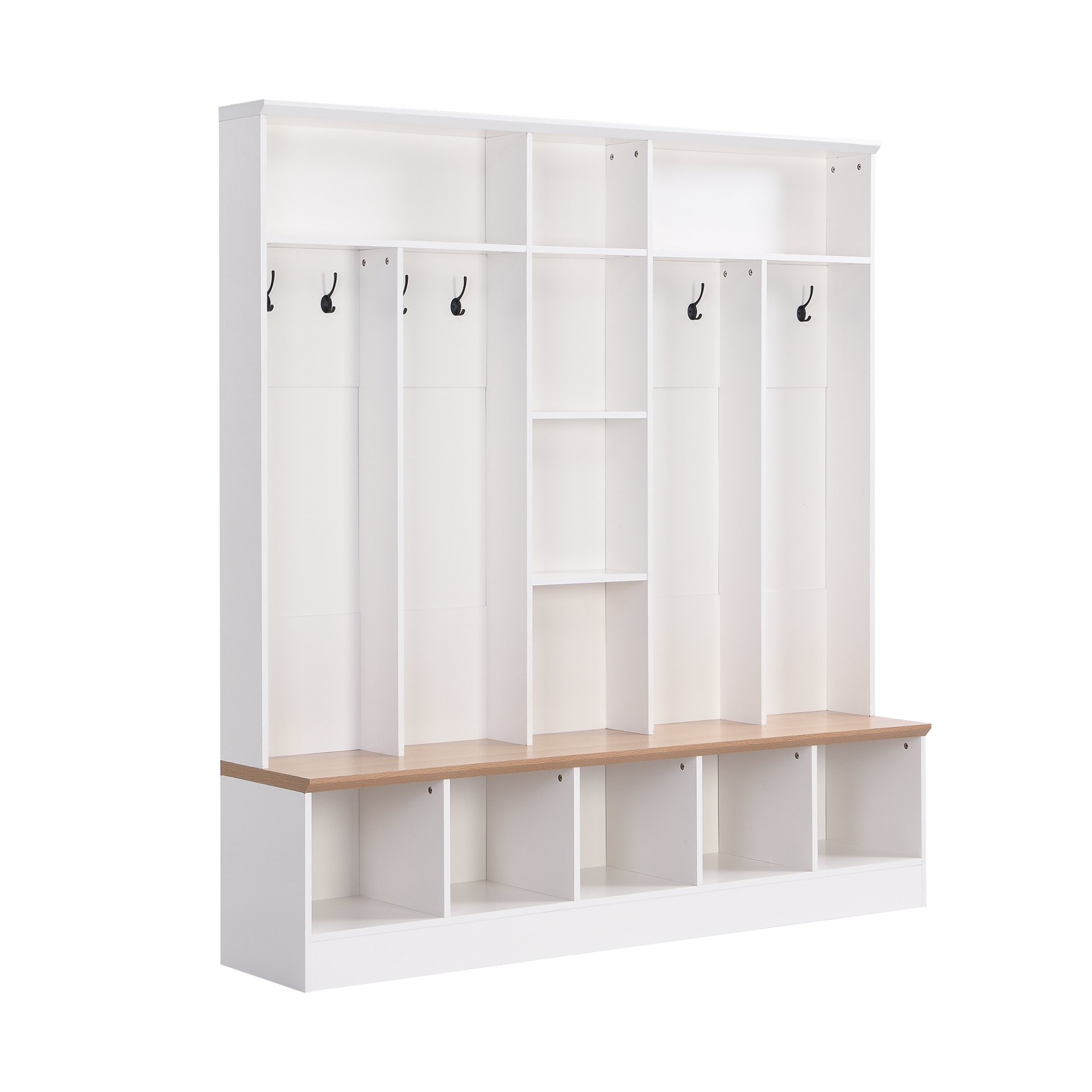 Wide Design Hall Tree With Storage Bench, Minimalist Shoe Cabinet With Cube Storage & Shelves, Multifunctional Coat Rack With 8 Hooks For Entryways, Mudroom - White - Image 9