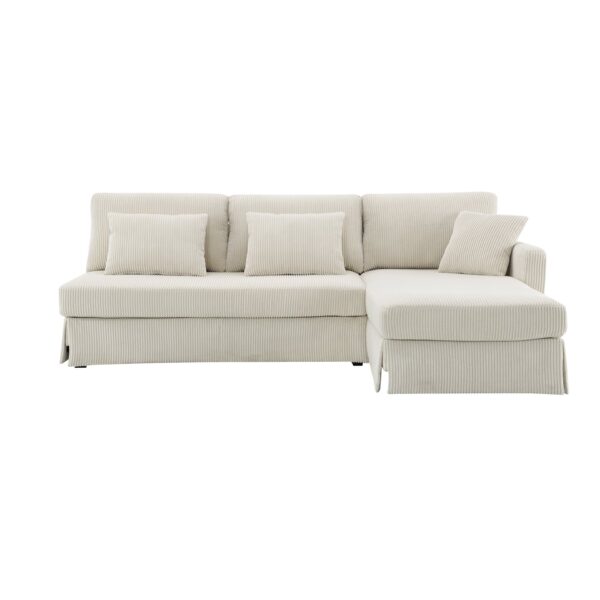 Modern L-Shaped Corduroy Sofa With Reversible Chaise, 4 Seat Upholstered Sectional Indoor Furniture, Convertible Sleeper Couch With Pillows - Beige