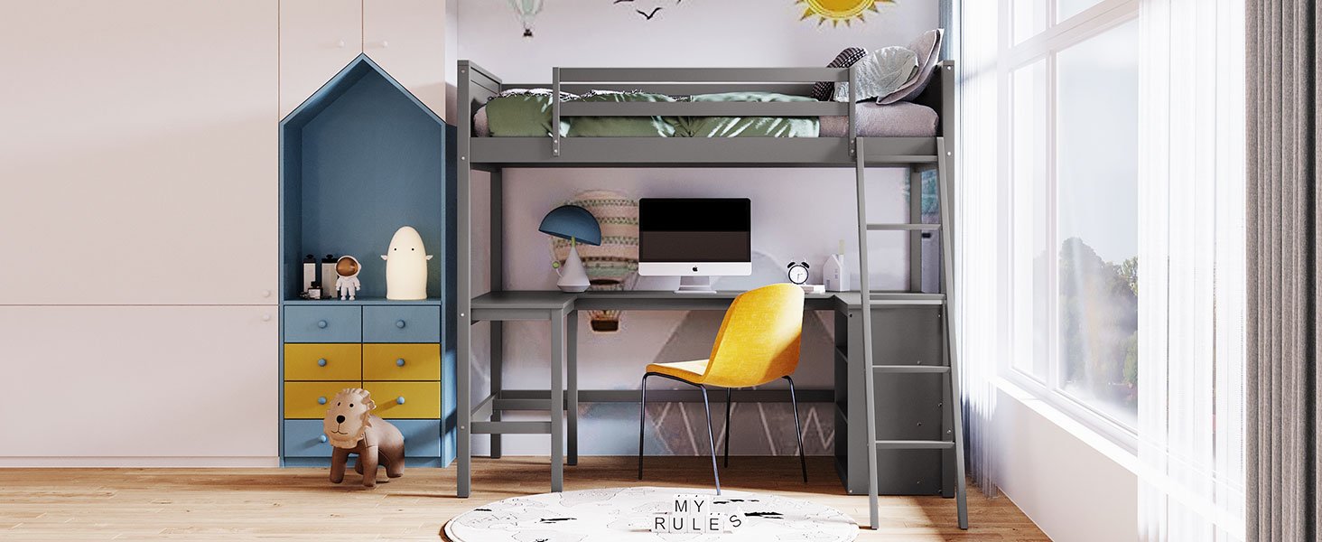 Twin Size Loft Bed With Shelves With Desk - Gray - Image 13