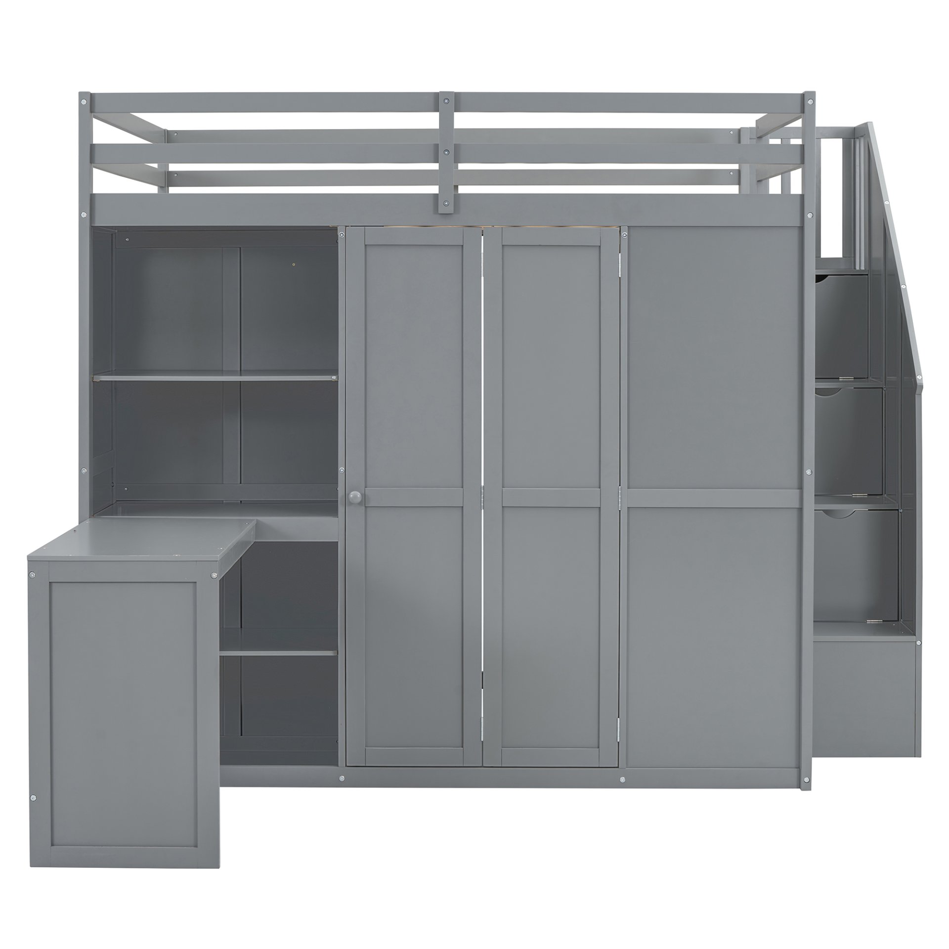 Full Size Loft Bed With Wardrobe, Desk And Shelves - Gray - Image 4