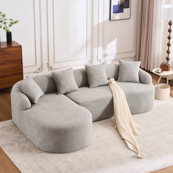 Compression Sofa: Combining Chaise Longue With 3 Seater, Wood Grain Chenille Fabric, Full Sponge Compression Sofa, Combined Sofa With 4 Pillows For Living / Home Furniture / Apartment - Gray