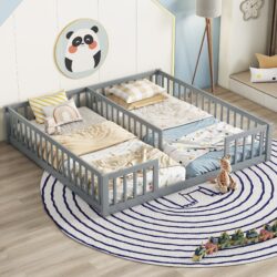 Double Twin Floor Bed With Fence, Guardrails, Without Door - Gray