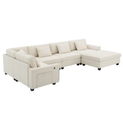 U Shaped Sectional Sofa 6 Seat Couch Set With Oversized Ottoman, Hidden Armrest Storage And Cup Holders USB Charging Ports Wide Seat Sofa - Off White