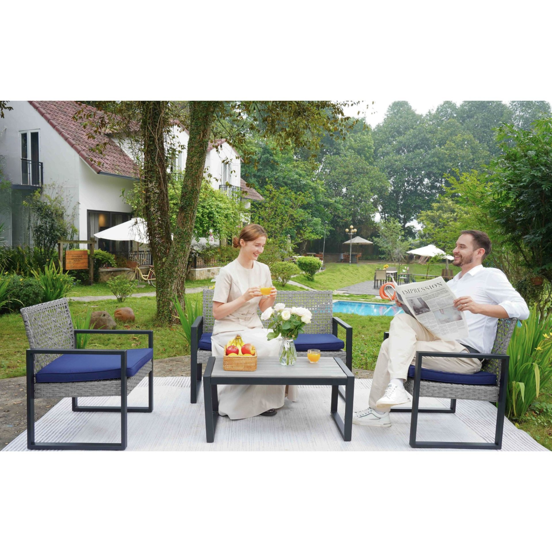4 Piece Patio Furniture Set With Gray Acacia Wood Table Top - White - Image 2