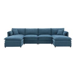 Chenille Modular Sectional Sofa, U Shaped Cloud Couch Set With Double Cushions, 6 Seat Sleeper Sofa Bed With Ottomans, Oversized Indoor Furniture - Blue