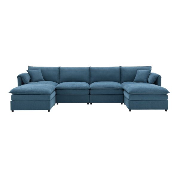 Chenille Modular Sectional Sofa, U Shaped Cloud Couch Set With Double Cushions, 6 Seat Sleeper Sofa Bed With Ottomans, Oversized Indoor Furniture - Blue