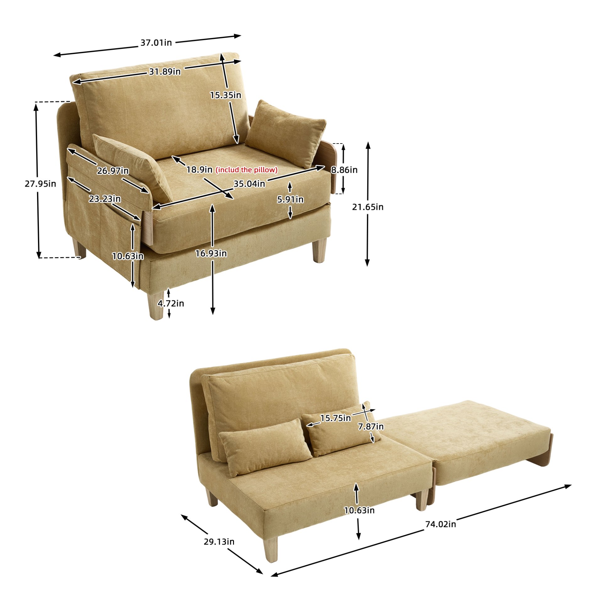 Mid Century Modern Foldable Sofa Bed Recliner, 3 - 1 Convertible Sleeper With 3 Pillows - Mustard Yellow - Image 3