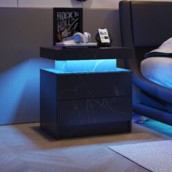 Nightstand LED Bedside Table Cabinet Ligh Modern End Side With 2 Drawers For Bedroom - Black / Gold