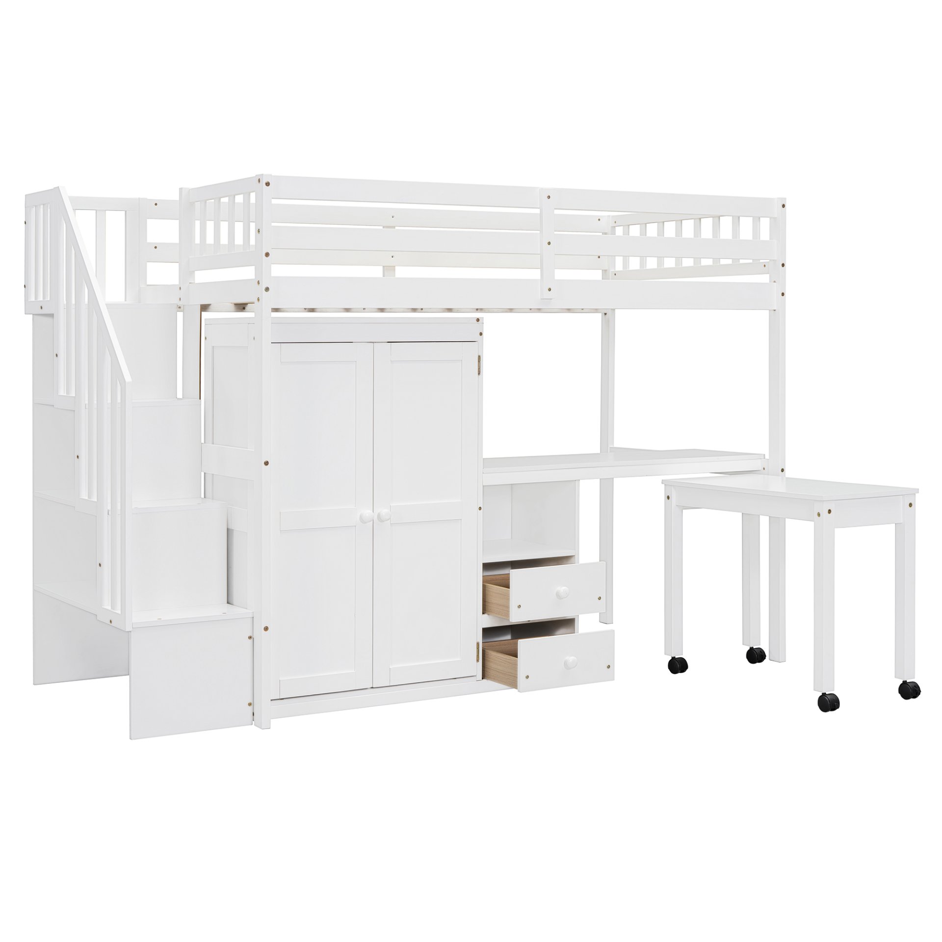 Twin Size Loft Bed With Stairs, Bookshelf, Drawers, Desk & Wardrobe, Space Saving Multifunctional Furniture - White - Image 12