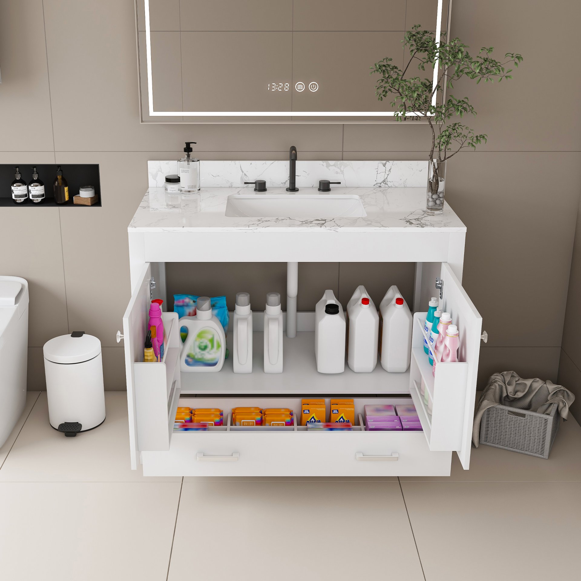 43" Bathroom Vanity With Artificial Marble Carrara Top Set, Multi Functional Bathroom Cabinet With Doors And Drawer - White - Image 13