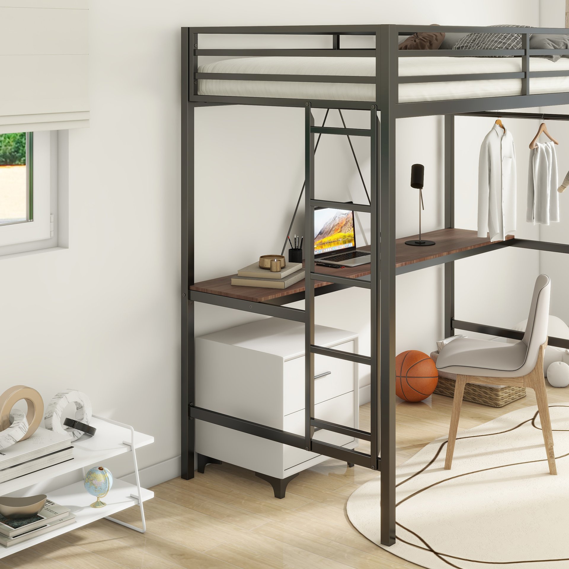 Adam - Twin Loft Bunk Bed With Cinnamon Wood Desk And Closet Rod - Black - Image 6