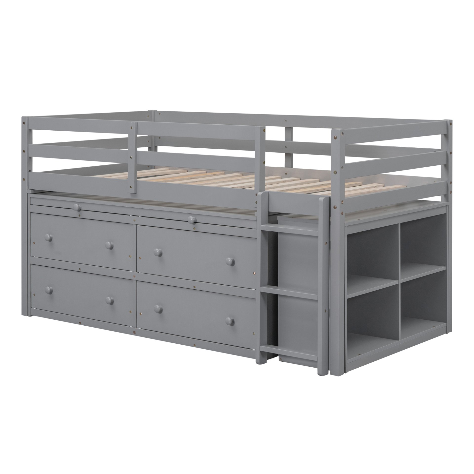 Twin Size Loft Bed With Retractable Writing Desk And 4 Drawers, With Lateral Portable Desk And Shelves - Gray - Image 13