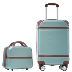 20" Hardside Luggage With Cosmetic Case, 2 Piece Lightweight Suitcase Set With Spinner Wheels, Carry On Vintage Luggage - Green