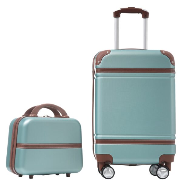 20" Hardside Luggage With Cosmetic Case, 2 Piece Lightweight Suitcase Set With Spinner Wheels, Carry On Vintage Luggage - Green