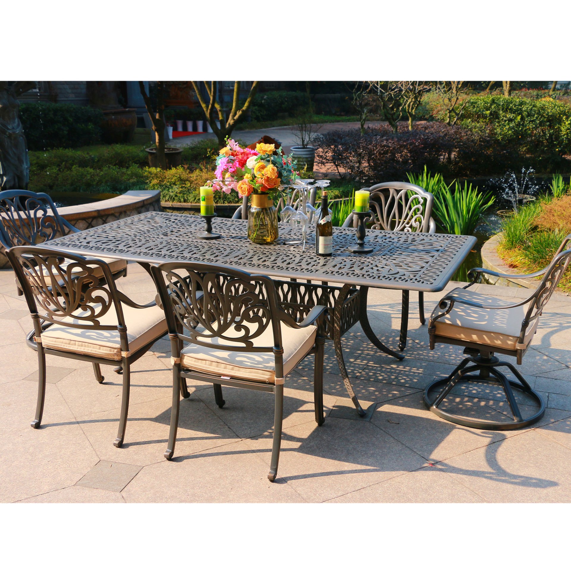 Rectangular 6 Person 84" Long Aluminum Dining Set With Sunbrella Cushions - Gray / Ivory - Image 2