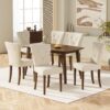 Modern Indoor Wood Dining Set With Chairs And Table, Rubber Wood, 6 Piece - Cream / Walnut - Image 2