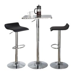 Ale - 3 Piece Bar Set Bistro Square Contemporary Adjustable Oval Footrest - Silver / Chrome - Black
