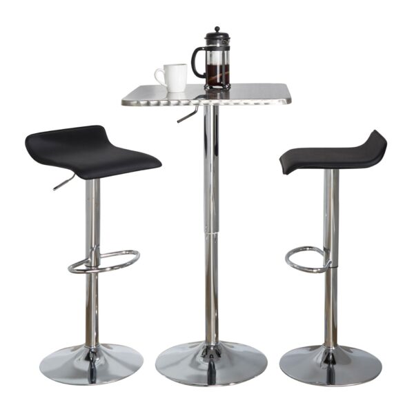 Ale - 3 Piece Bar Set Bistro Square Contemporary Adjustable Oval Footrest - Silver / Chrome - Black