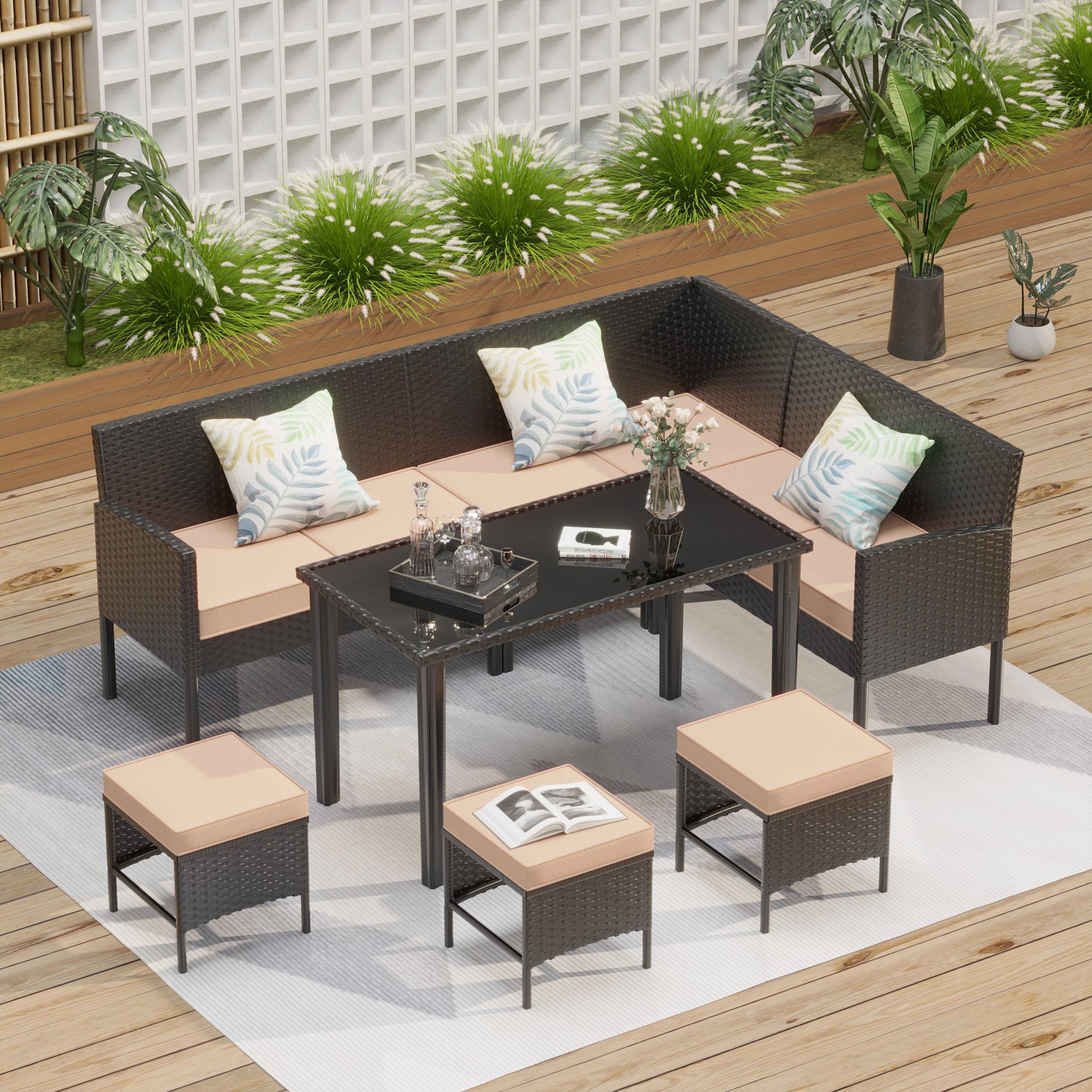 Small Space Patio Furniture 7 Piece Set With Waterproof Cushions And Glass Table, Suitable For Backyard, Terrace Or Garden - Khaki - Image 2