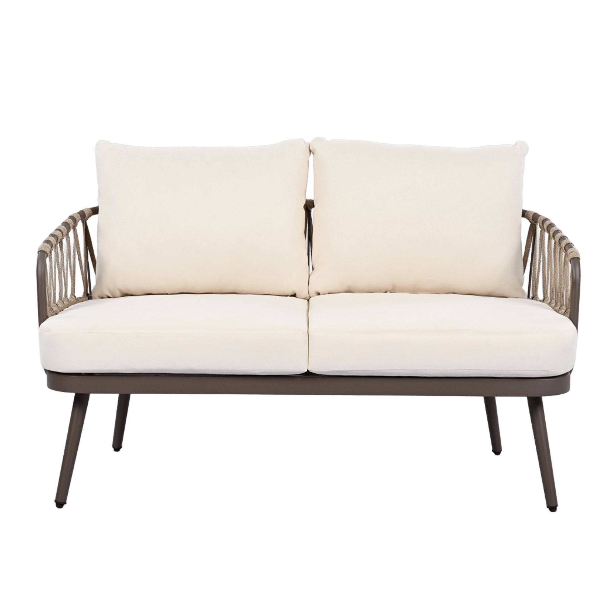 4 Piece Outdoor Patio Furniture Set, Metal Chairs With Woven Rope U Shaped Backrest, Outdoor Conversation Set With Thick Cushions And Coffee Table For Garden, Poolside, Balcony - Brown / Beige - Image 11