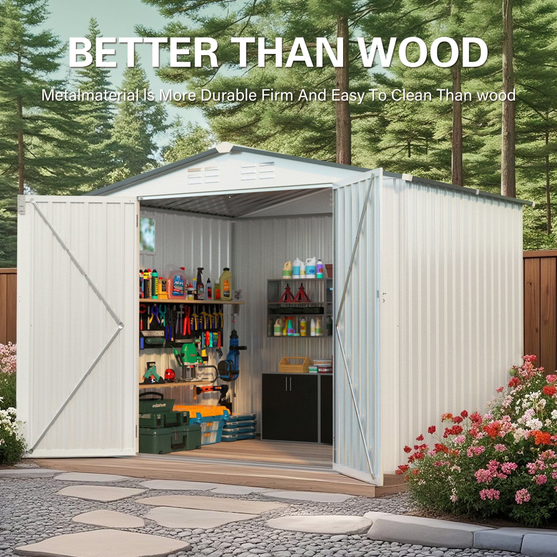 Metal Outdoor Storage Shed 8 X 6 Ft With Pitched Roof And Side Window - White / Gray - Image 5