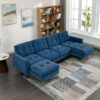 Elegant Convertible L - Shape Sectional Sofa Couch With Movable Ottoman, Velvet Upholstery - Blue - Image 8
