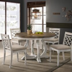 Havanna - 5 Piece Wide Contemporary Round Dining Table With Off White Fabric Chairs (Set of 5) - Vintage Walnut
