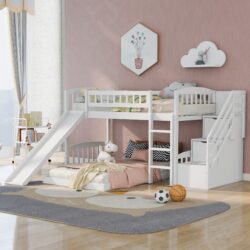 Twin Over Twin Stairway Bunk Bed With Two Drawers And Slide - White
