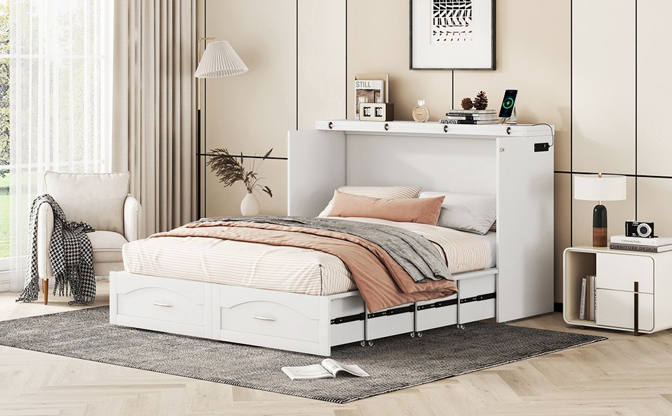 Queen Size Murphy Wall Bed With Drawer And A Set Of Sockets & USB Ports, Pulley Structure Design - White - Image 23