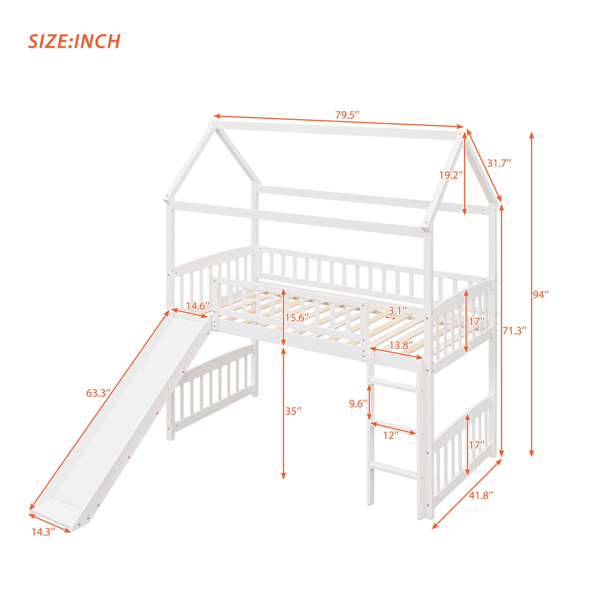 Twin House Loft Bed With Slide - White - Image 15
