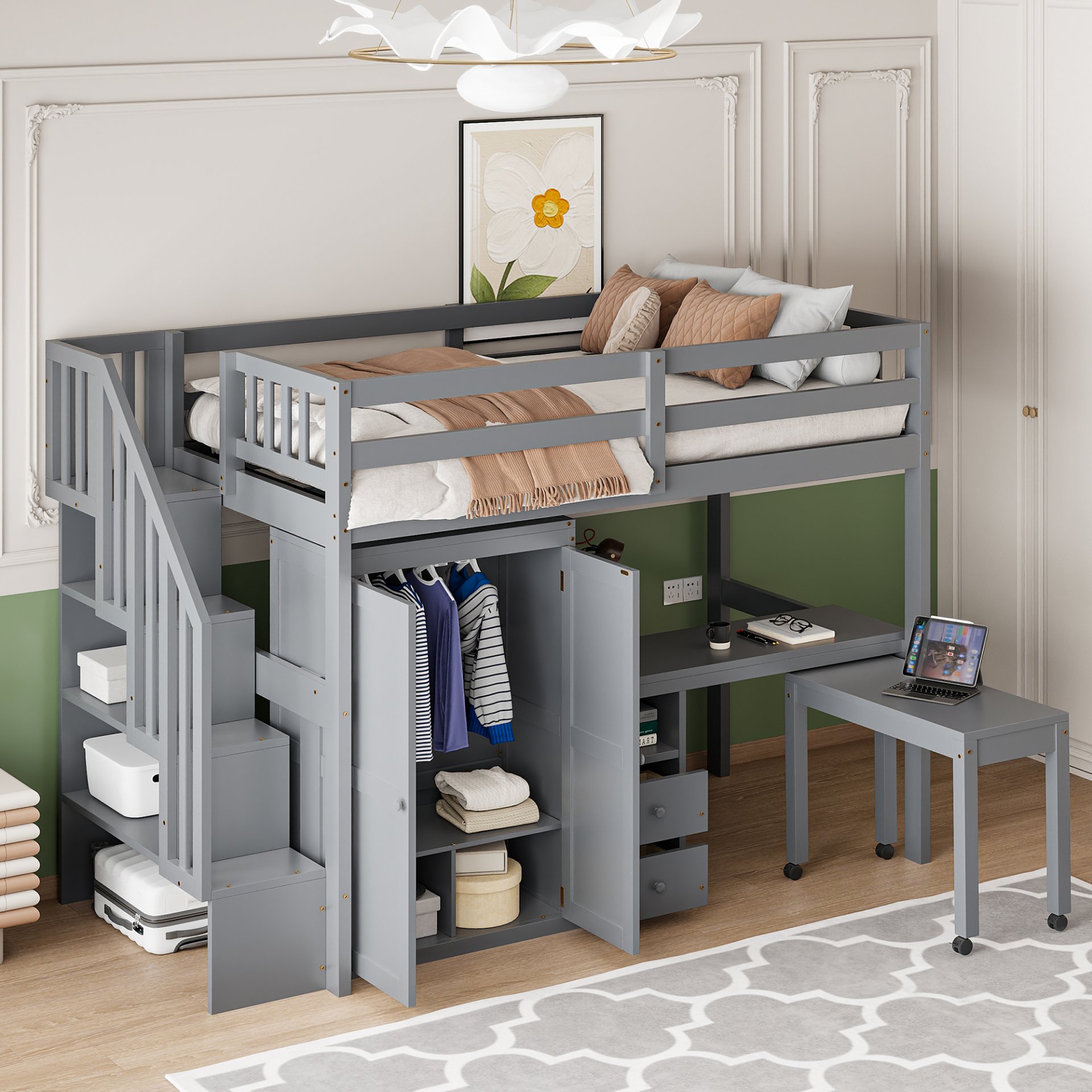 Twin Size Loft Bed With Stairs, Bookshelf, Drawers, Desk & Wardrobe, Space Saving Multifunctional Furniture - Gray - Image 2