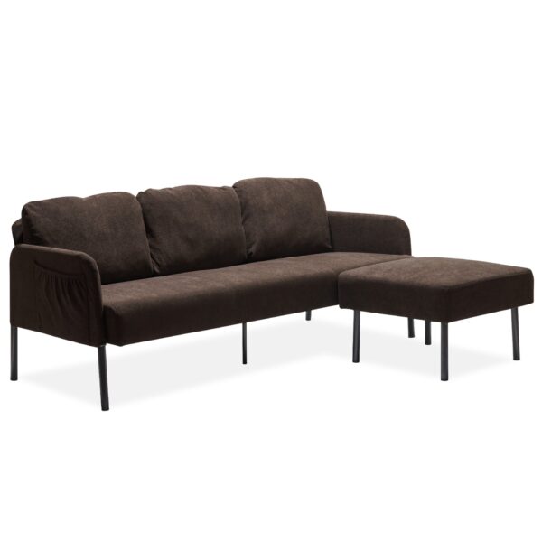 Modern L Shaped 3 Seater Polyester Fabric Sofa With Ottoman, Upholstered Couch For Small Spaces - Brown