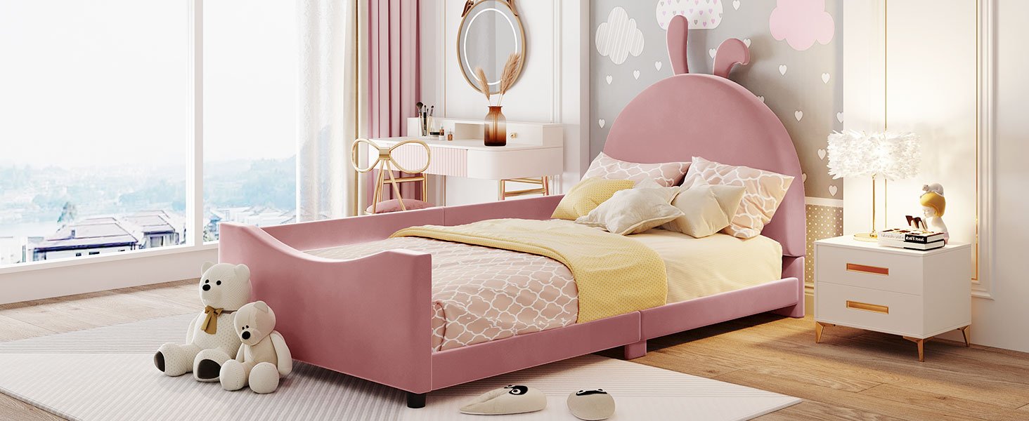 Twin Size Upholstered Daybed With Rabbit Ear Shaped Headboard - Pink - Image 12
