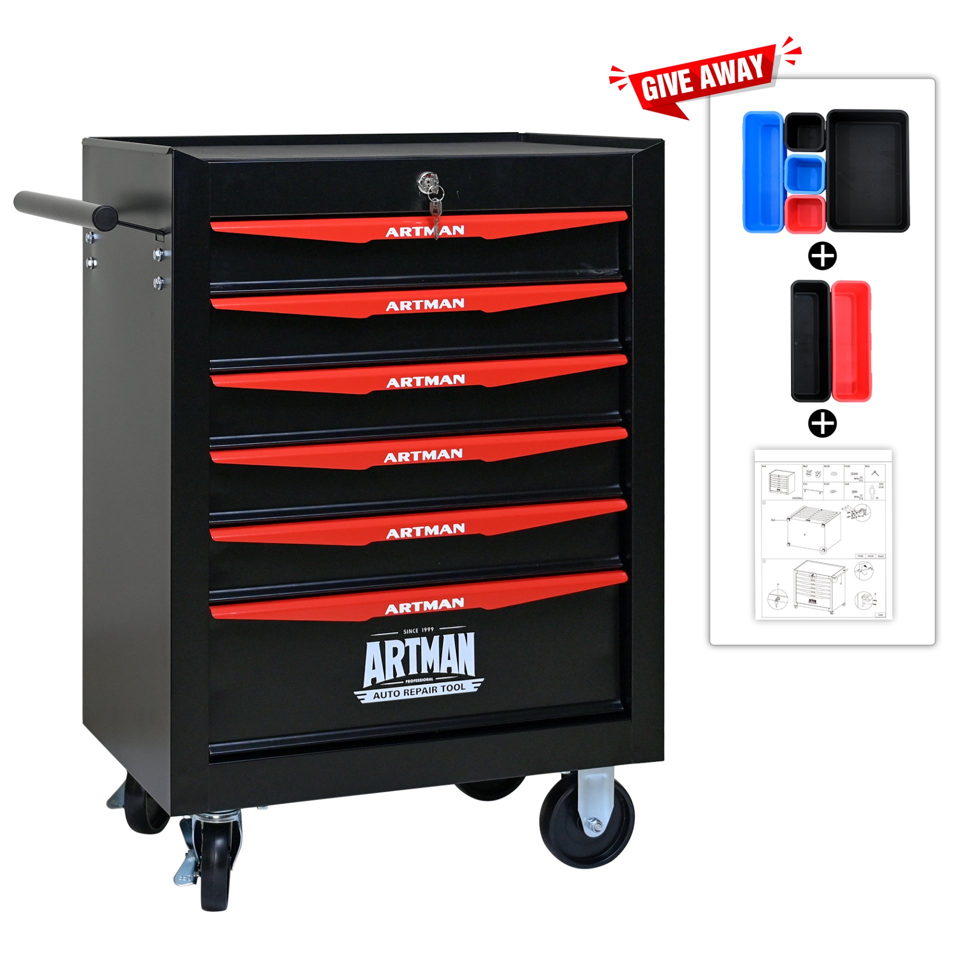 Rolling Metal Tool Chest With 6 Drawers, 20" Steel Storage Cabinet With Ball Bearing Slides - Black / Red - Image 5