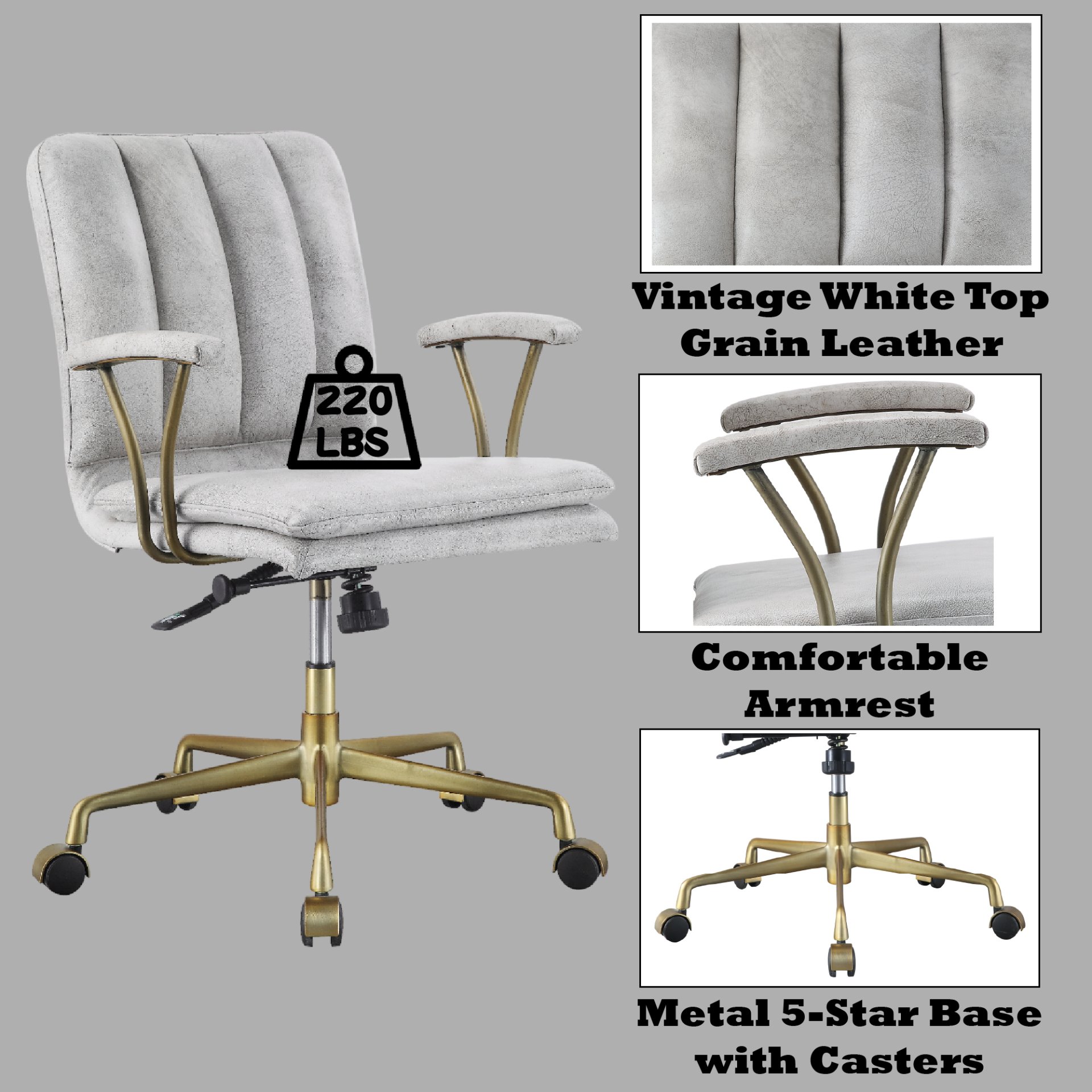 Damir - Vintage Top Grain Leather Office Chair - Antique White / Vintage - Image 2