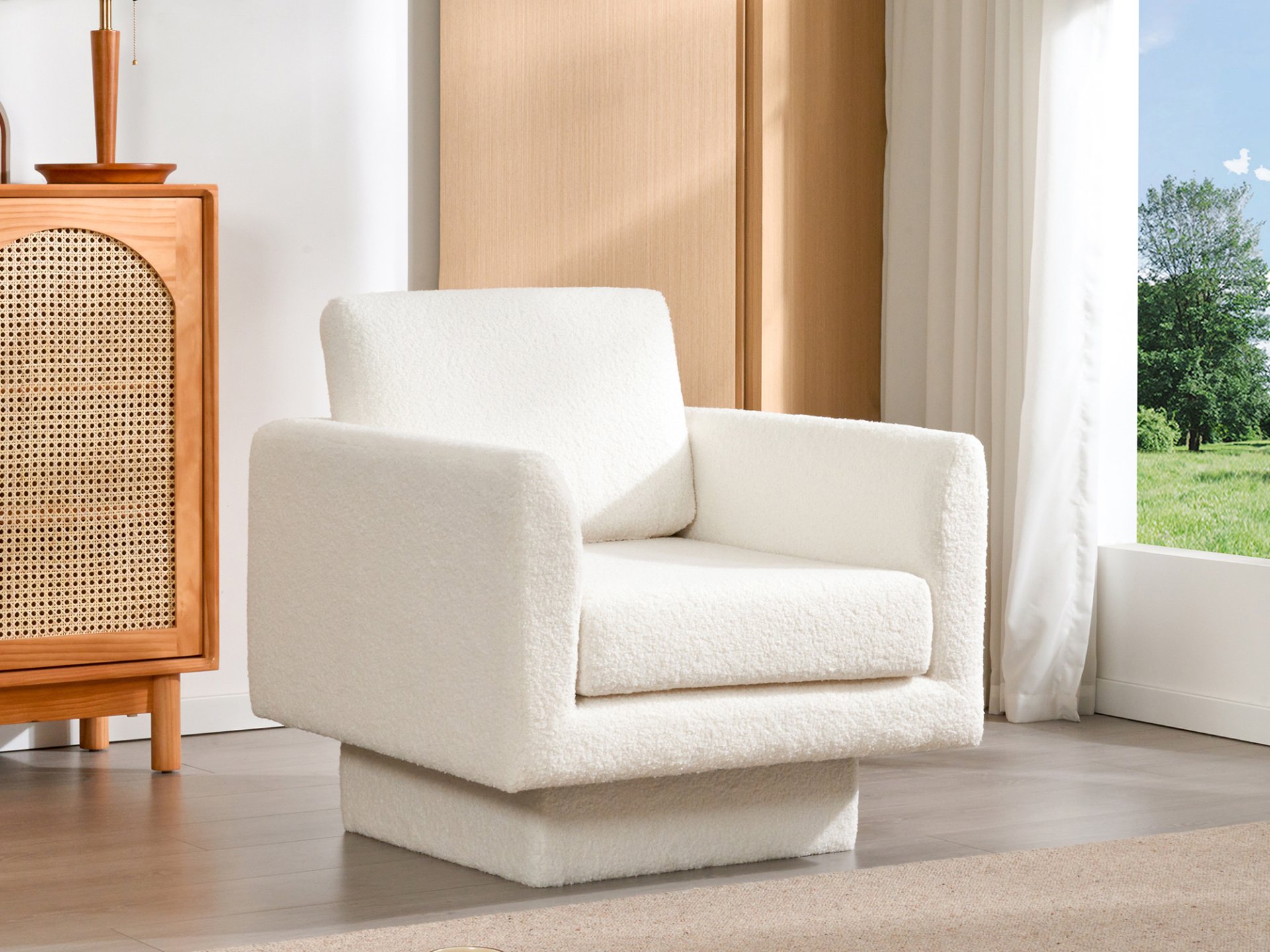 360° Modern Swivel Accent Chair Round Armchair, Thick Padded Single Lounge Sofa Upholstered Comfy - Cream - Image 19