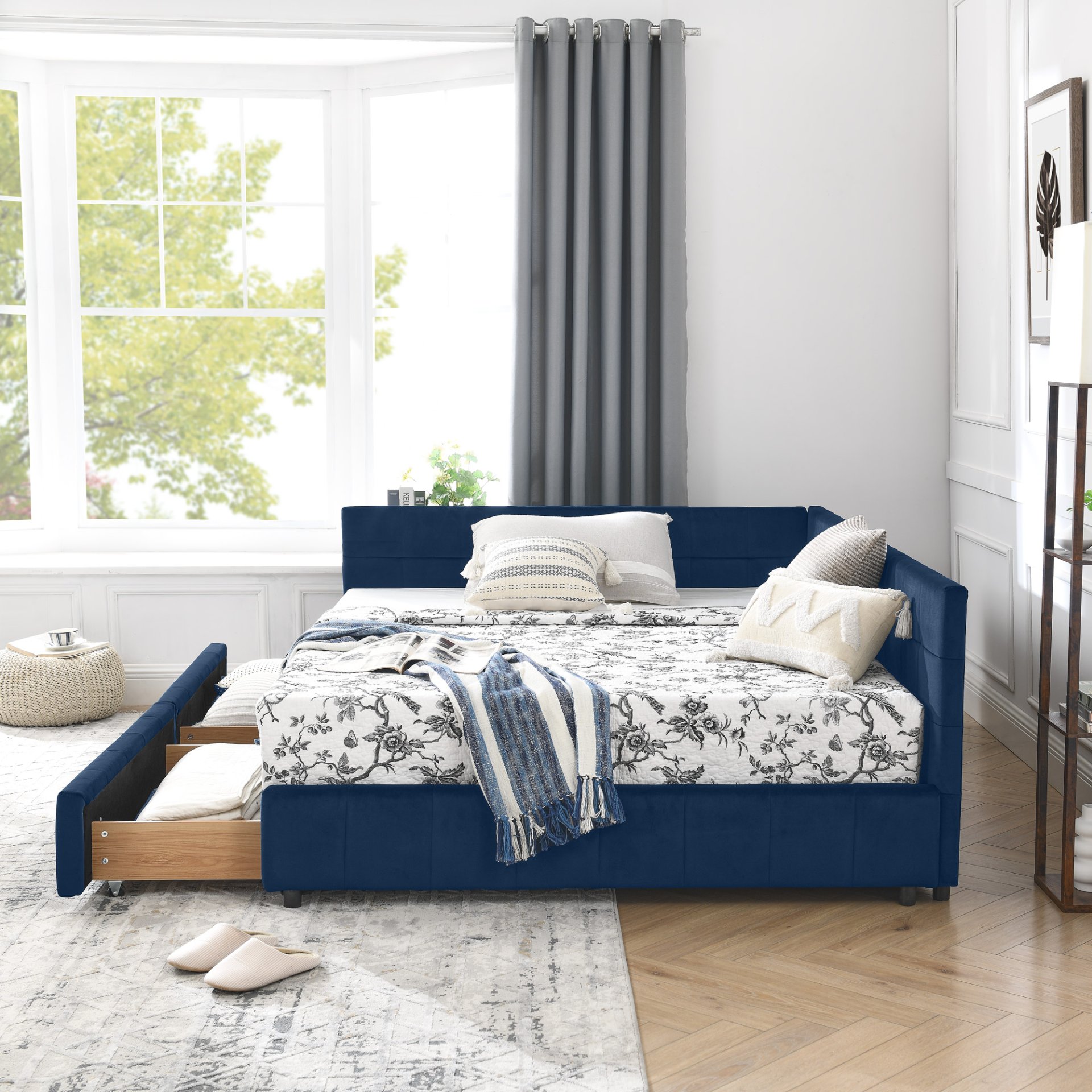 Mid Century Upholstered Tufted Full Size Storage Bed Frame With Velvet - Dark Blue - Image 8