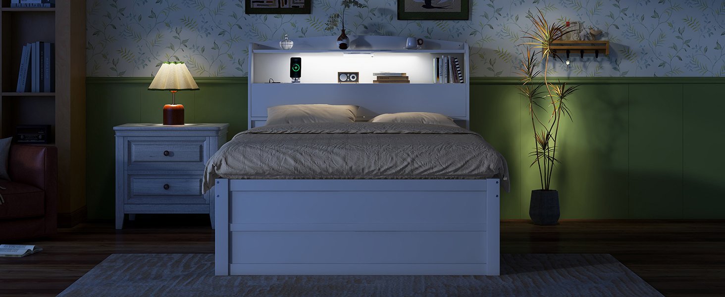 Full Size LED Platform Bed With Trundle With Storage Headboard With Drawers - White - Image 17