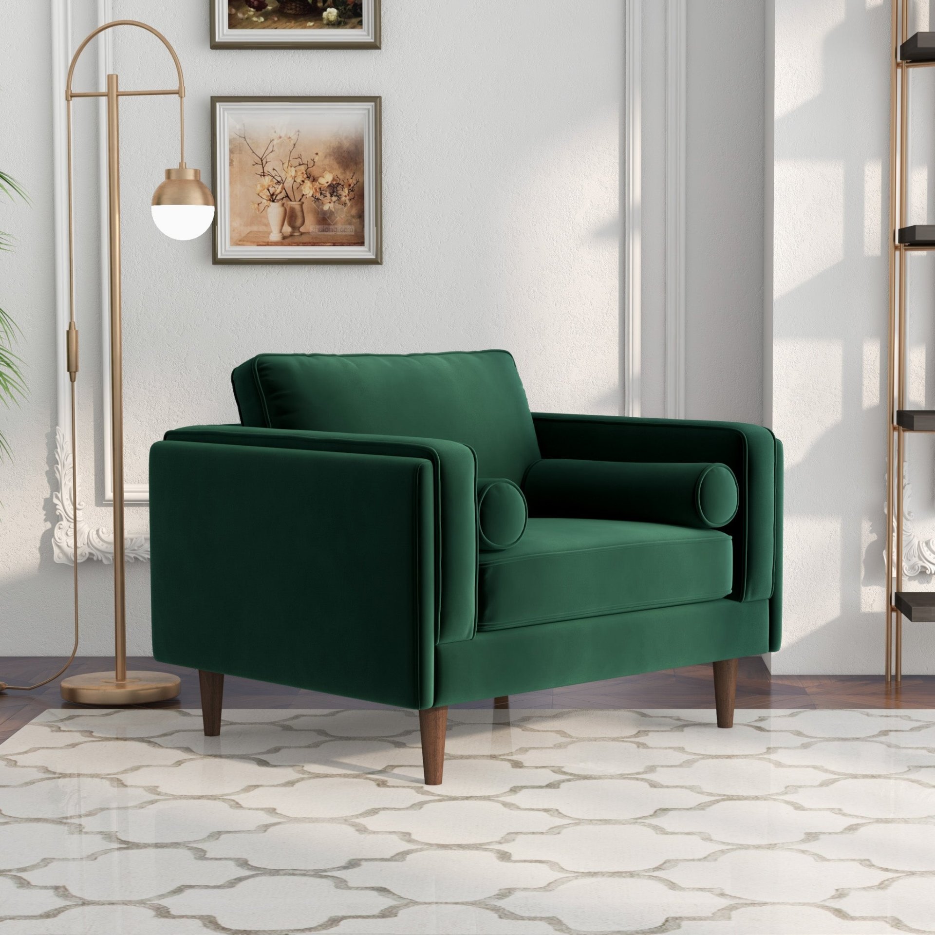 Amber - Velvet Lounge Chair - Brown / Dark Green - Image 15
