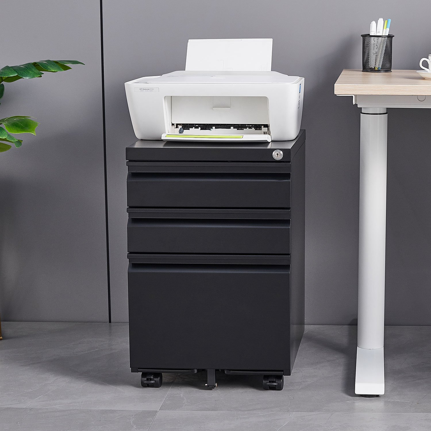 Contemporary 3 Drawer Mobile Filing Cabinet With Lock, Metal Office Storage For Legal / Letter Size - Black - Image 6